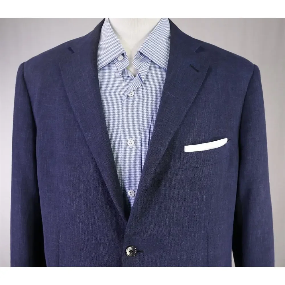 Trillon by Belvest Blue Wool Linen Silk Patch Pocket 3/2 Roll Blazer Jacket 44R